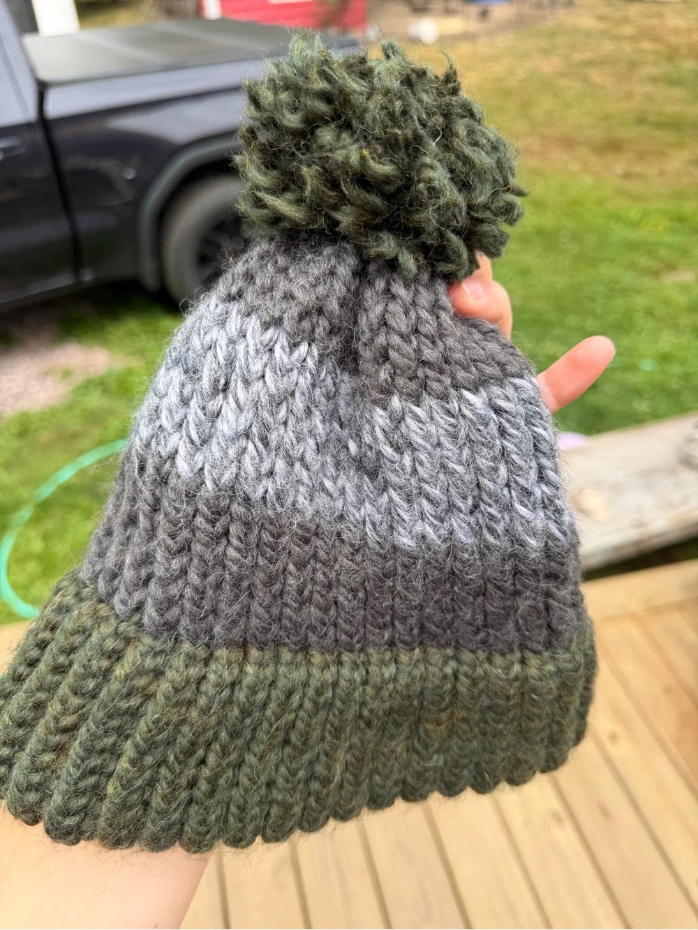 Handmade Pom-Pom Knit Beanie Hat - Olive & Gray